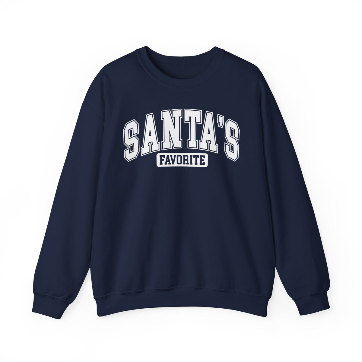 Navy Santa's Favorite sweatshirt with red varsity letters, front view