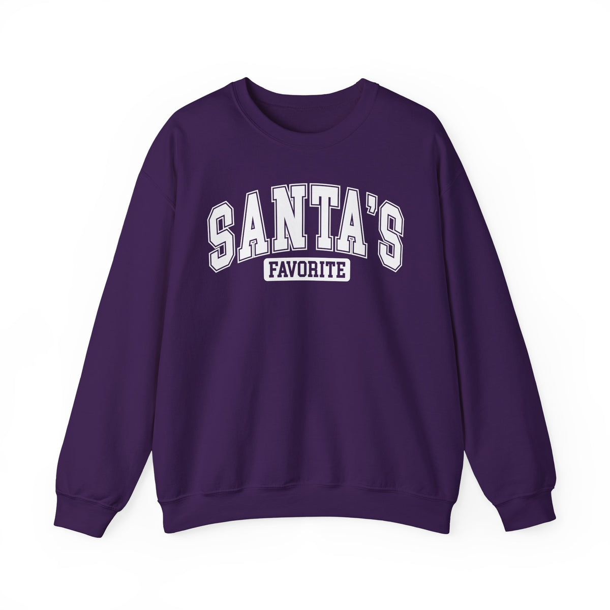 Purple Santa's Favorite sweatshirt with red varsity letters, front view