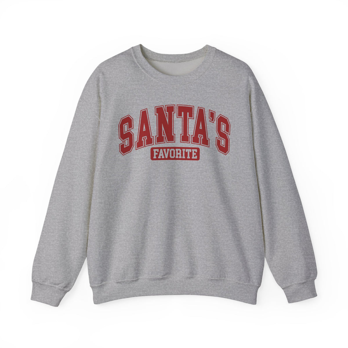 Sport Grey Santa's Favorite sweatshirt with red varsity letters, front view