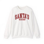 White Santa's Favorite sweatshirt with red varsity letters, front view