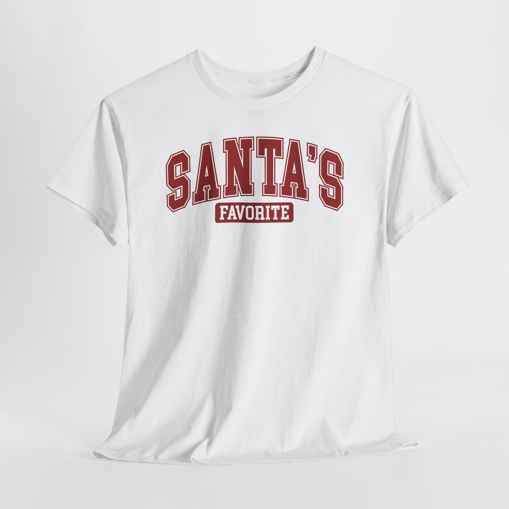 Santa's Favorite Varsity Christmas T-Shirt, flat lay