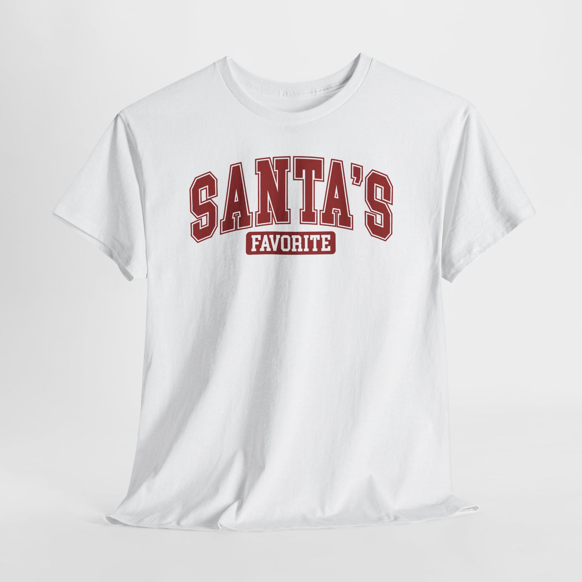 Santa's Favorite Varsity Christmas T-Shirt, flat lay