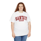 Woman wearing the White Santa's Favorite Varsity Christmas T-Shirt, second model