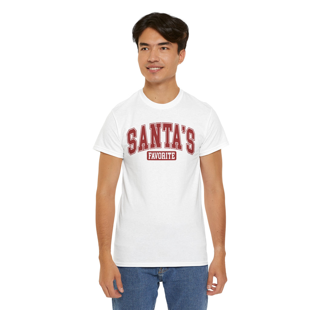 Man wearing the White Santa's Favorite Varsity Christmas T-Shirt