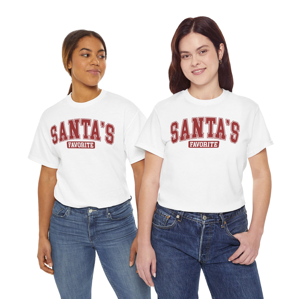 Two women wearing the White Santa's Favorite Varsity Christmas T-Shirt
