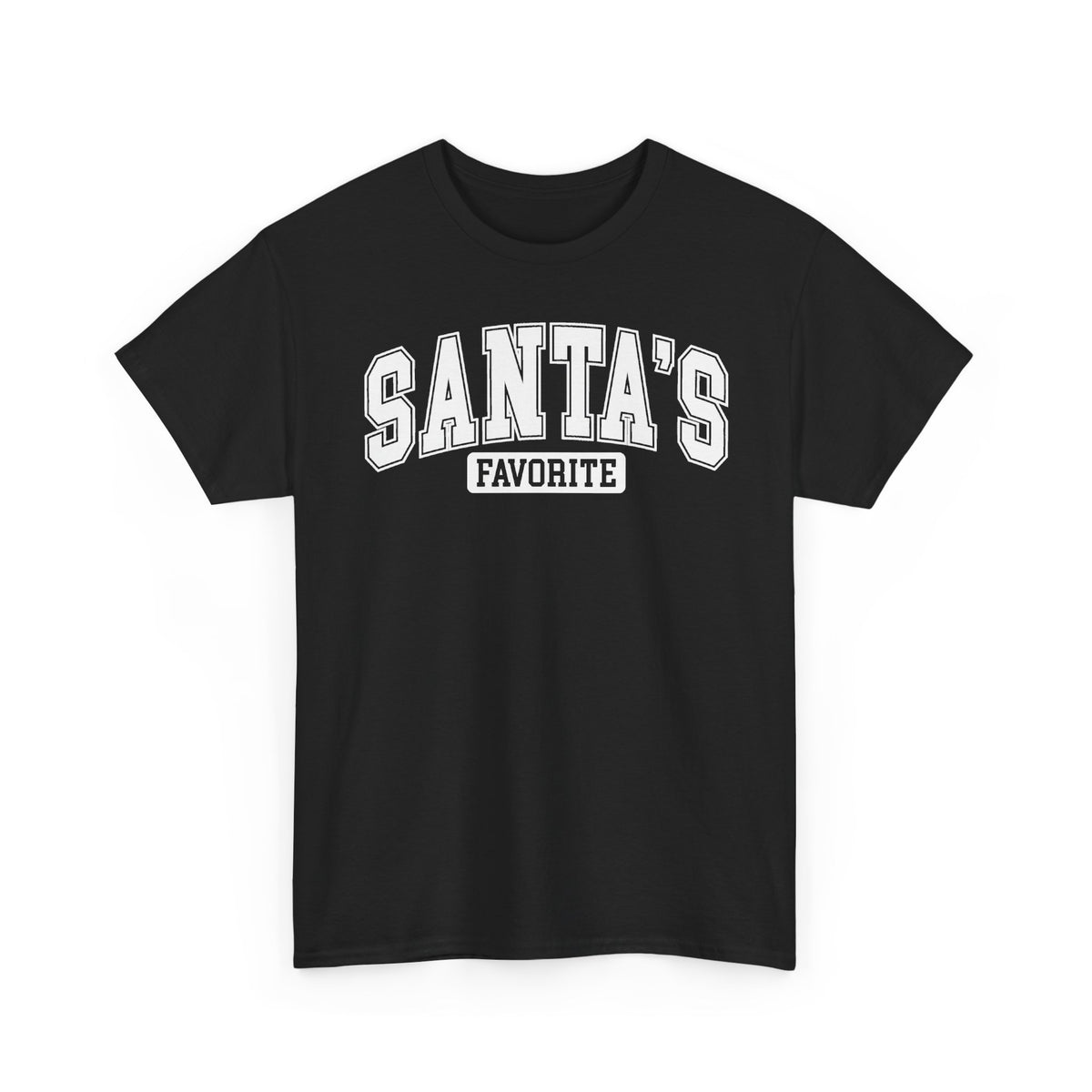 Black Santa's Favorite t-shirt with red varsity letters, front view