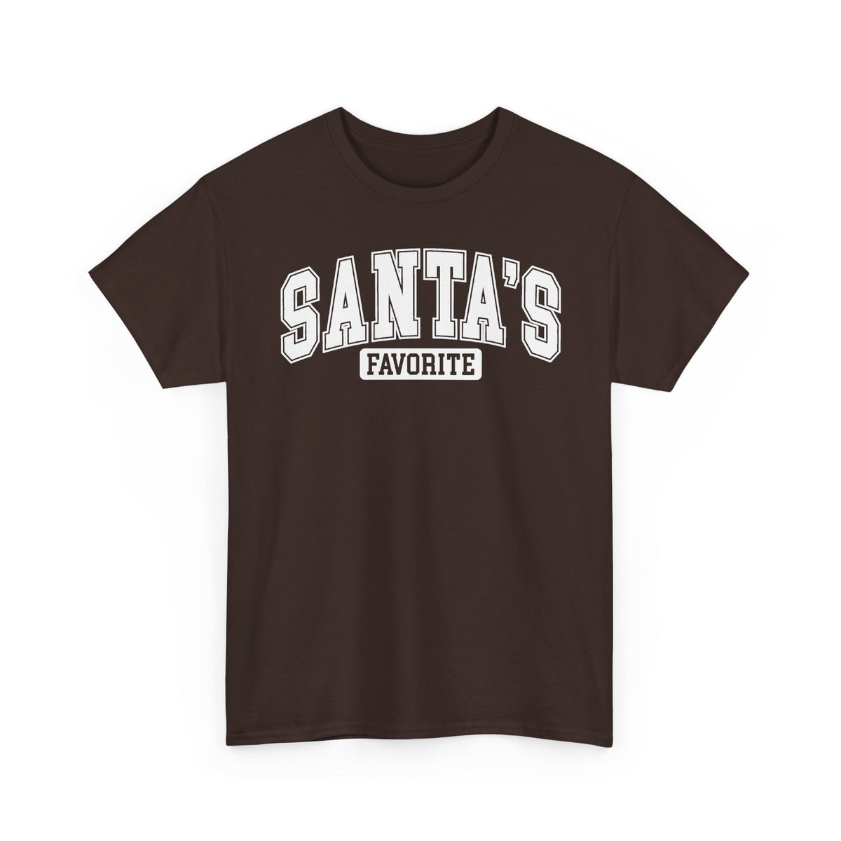 Dark Chocolate Santa's Favorite t-shirt with red varsity letters, front view