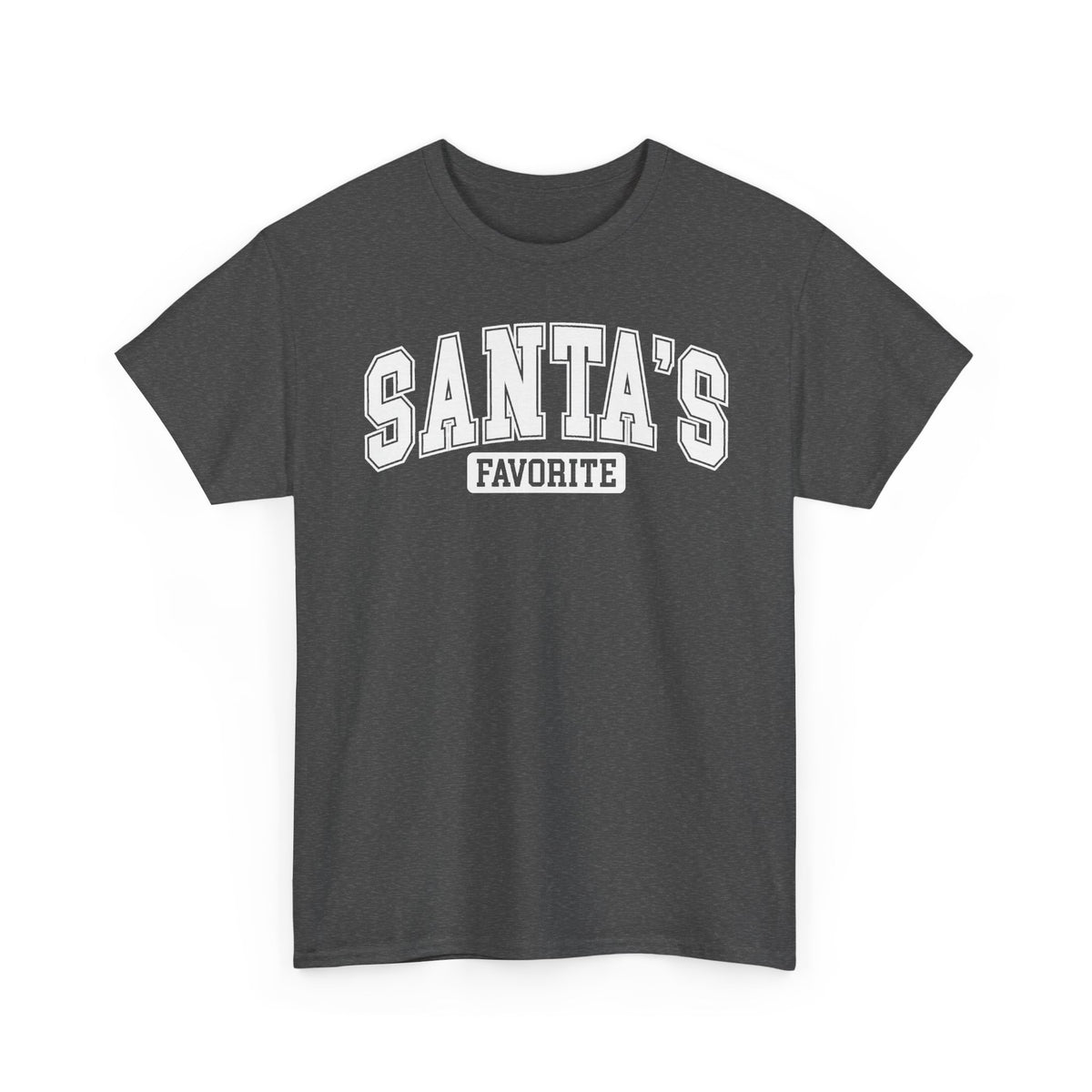 Dark Heather Santa's Favorite t-shirt with red varsity letters, front view