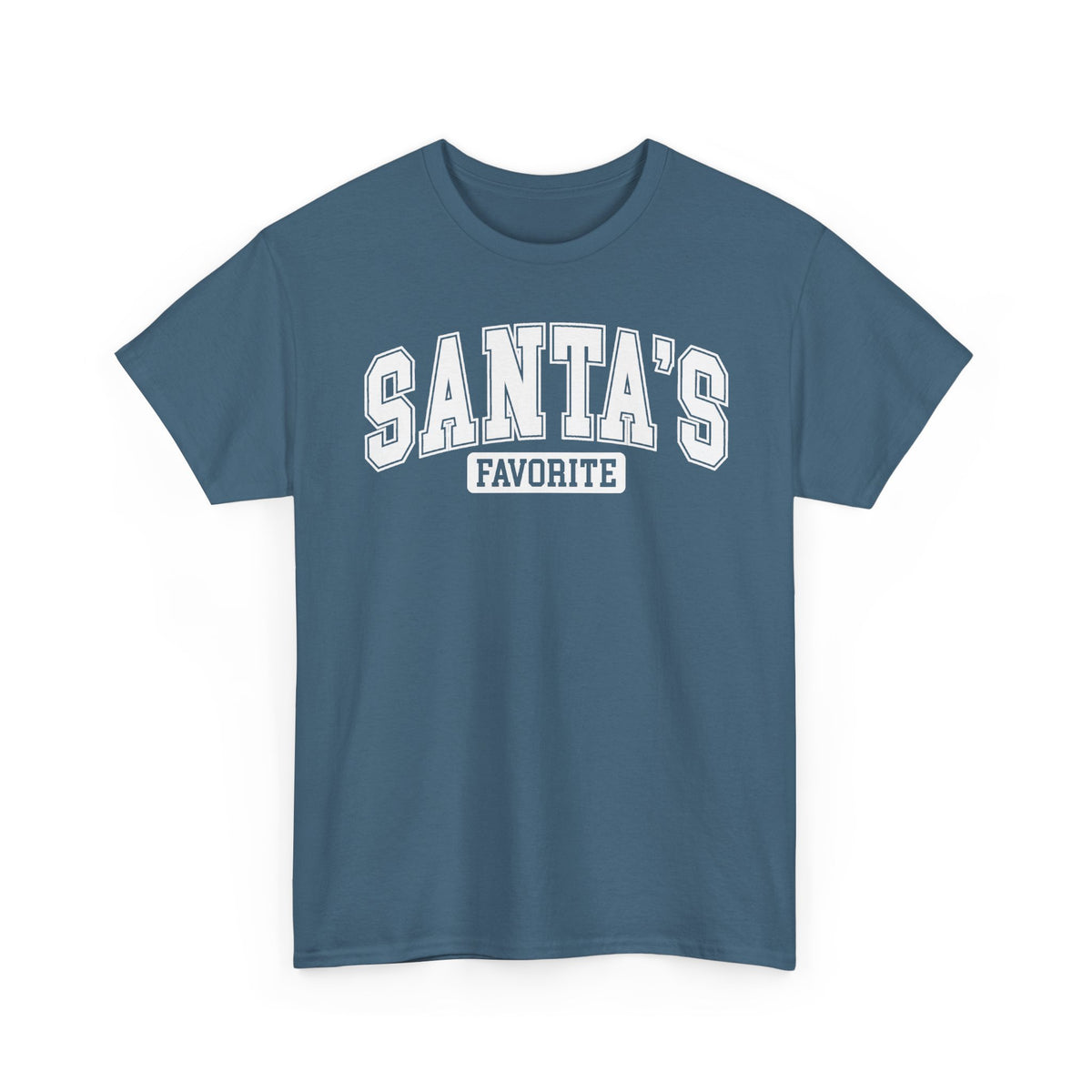 Indigo Blue Santa's Favorite t-shirt with red varsity letters, front view