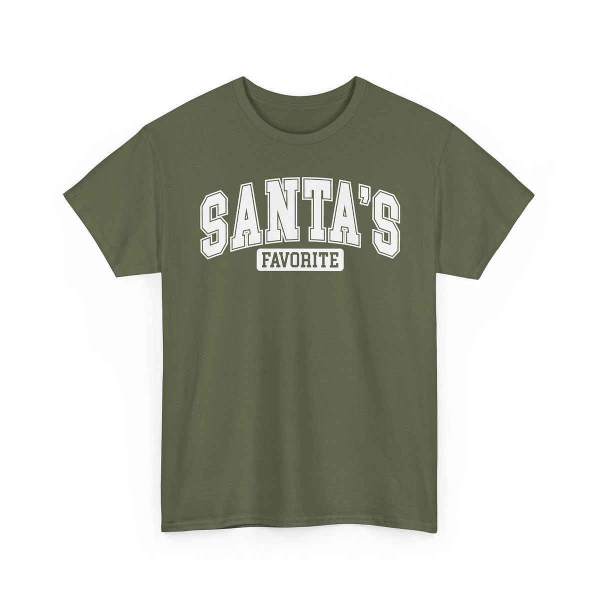 Military Green Santa's Favorite t-shirt with red varsity letters, front view