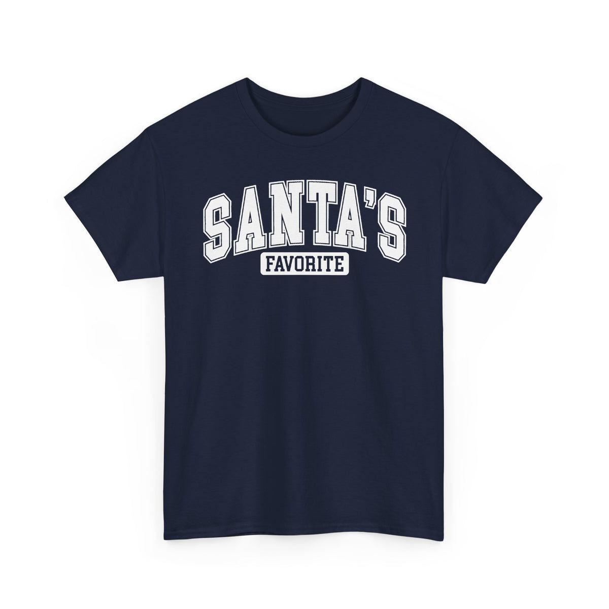 Navy Santa's Favorite t-shirt with red varsity letters, front view