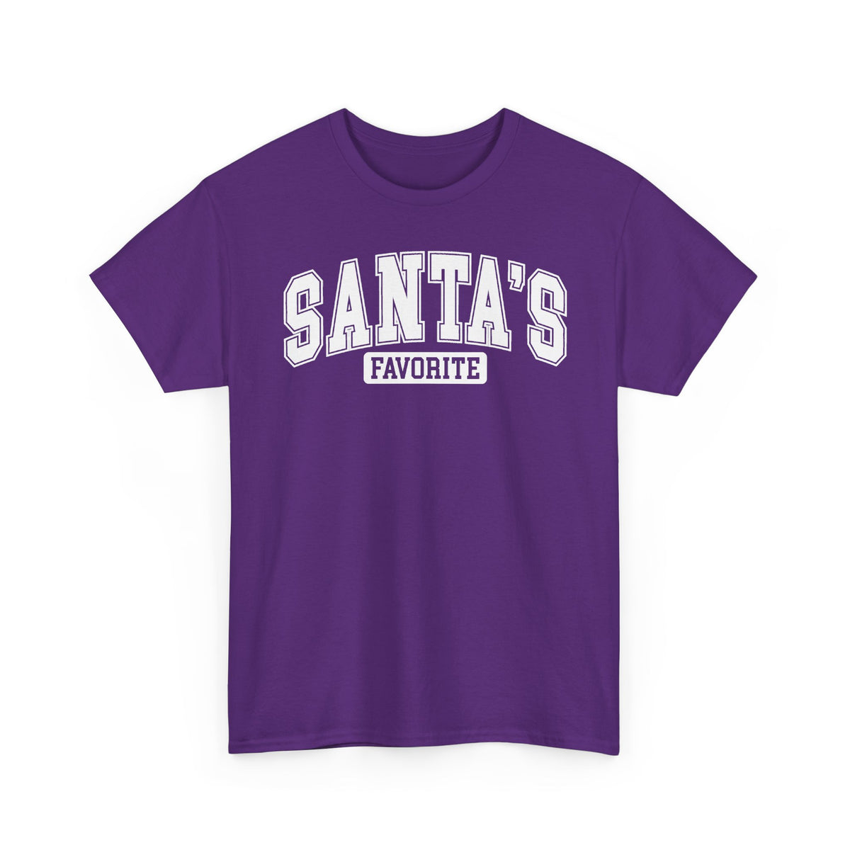 Purple Santa's Favorite t-shirt with red varsity letters, front view