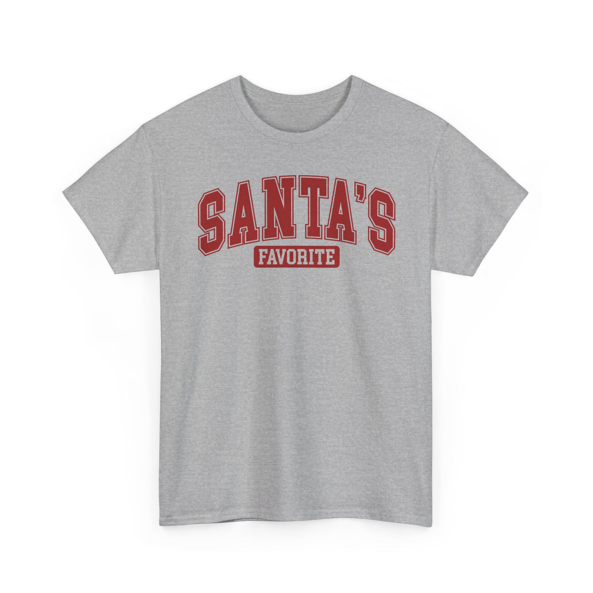 Sport Grey Santa's Favorite t-shirt with red varsity letters, front view
