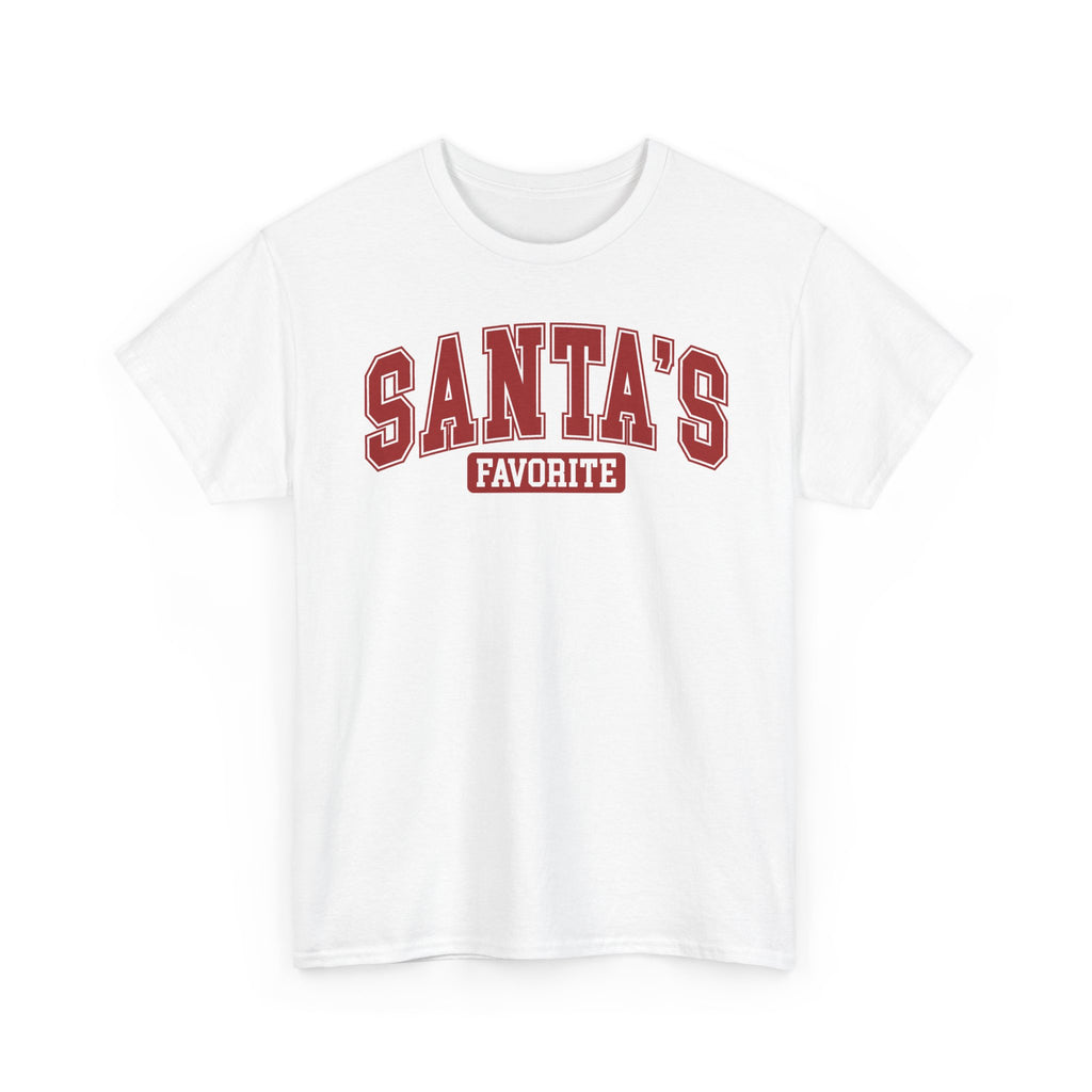 White Santa's Favorite t-shirt with red varsity letters, front view