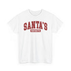 White Santa's Favorite t-shirt with red varsity letters, front view