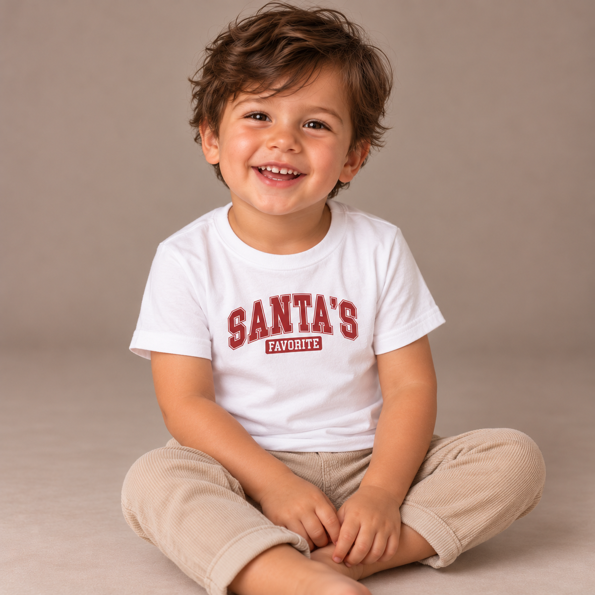 Toddler wearing the White Santa's Favorite Varsity Christmas Toddler T-Shirt