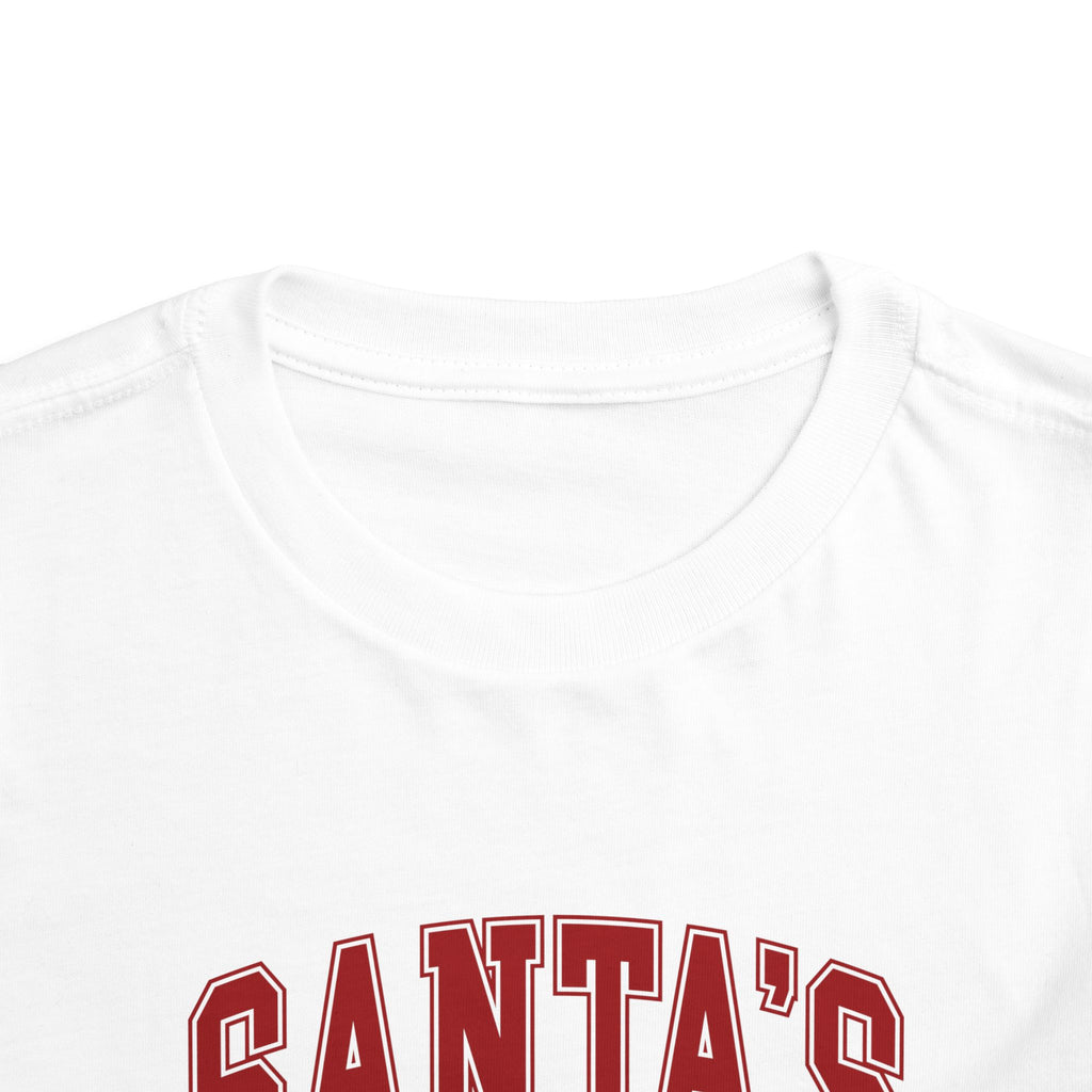 Santa's Favorite Varsity Christmas Toddler T-Shirt, front collar close-up