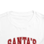 Santa's Favorite Varsity Christmas Toddler T-Shirt, front collar close-up