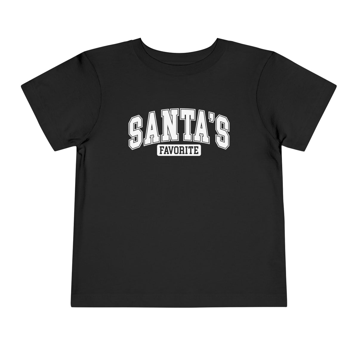 Black Santa's Favorite toddler t-shirt with varsity letters, front view