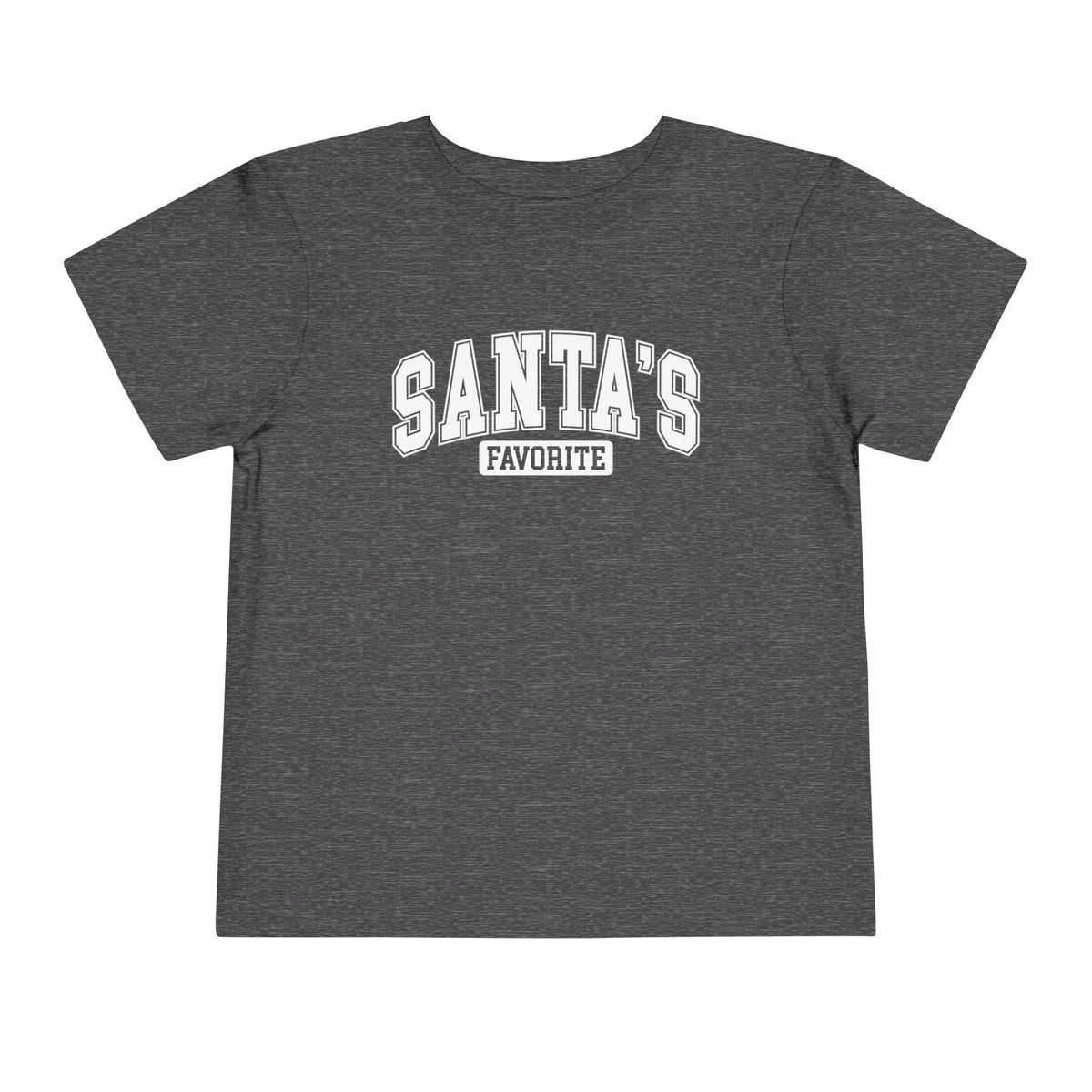 Dark Heather Grey Santa's Favorite toddler t-shirt with varsity letters, front view