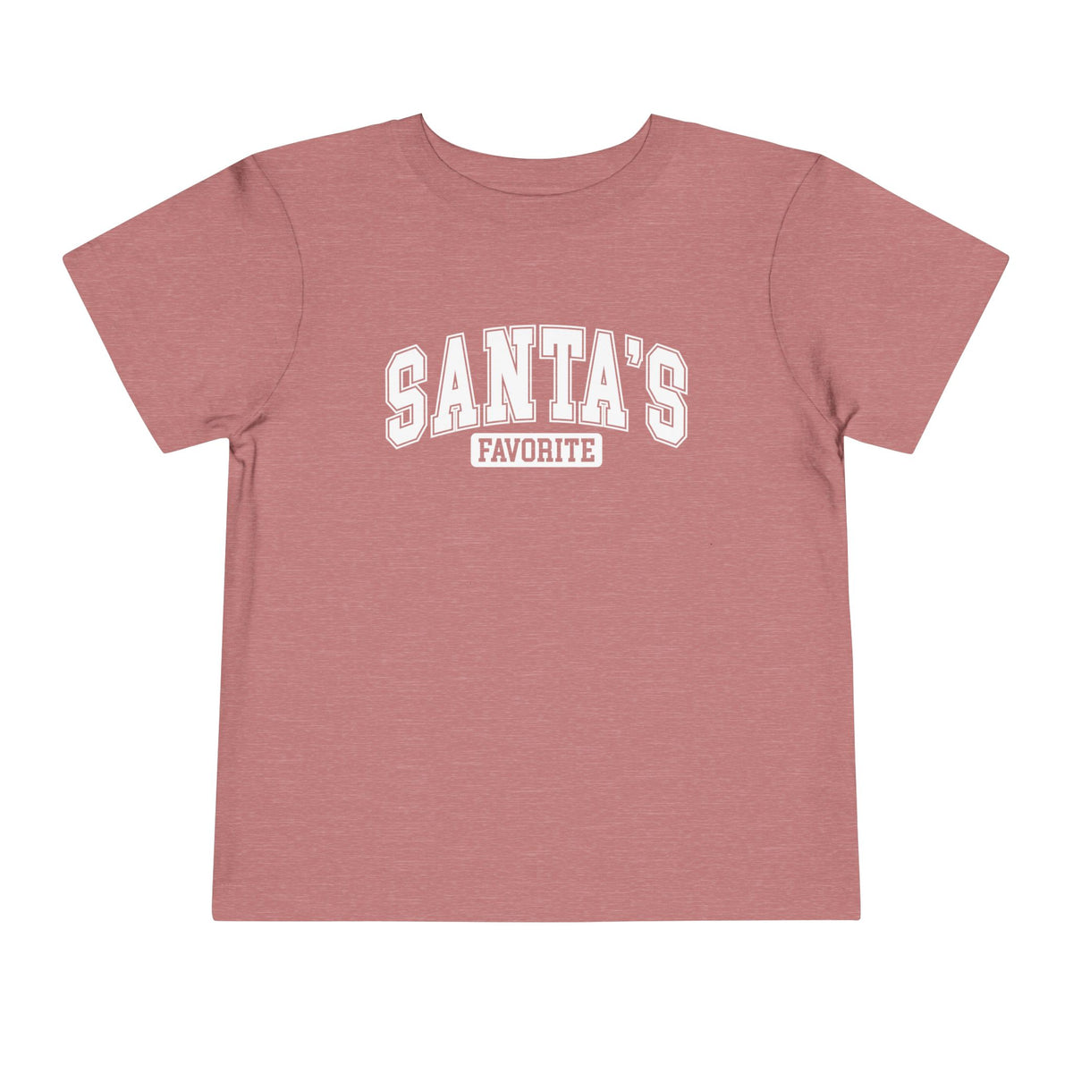Heather Mauve Santa's Favorite toddler t-shirt with varsity letters, front view