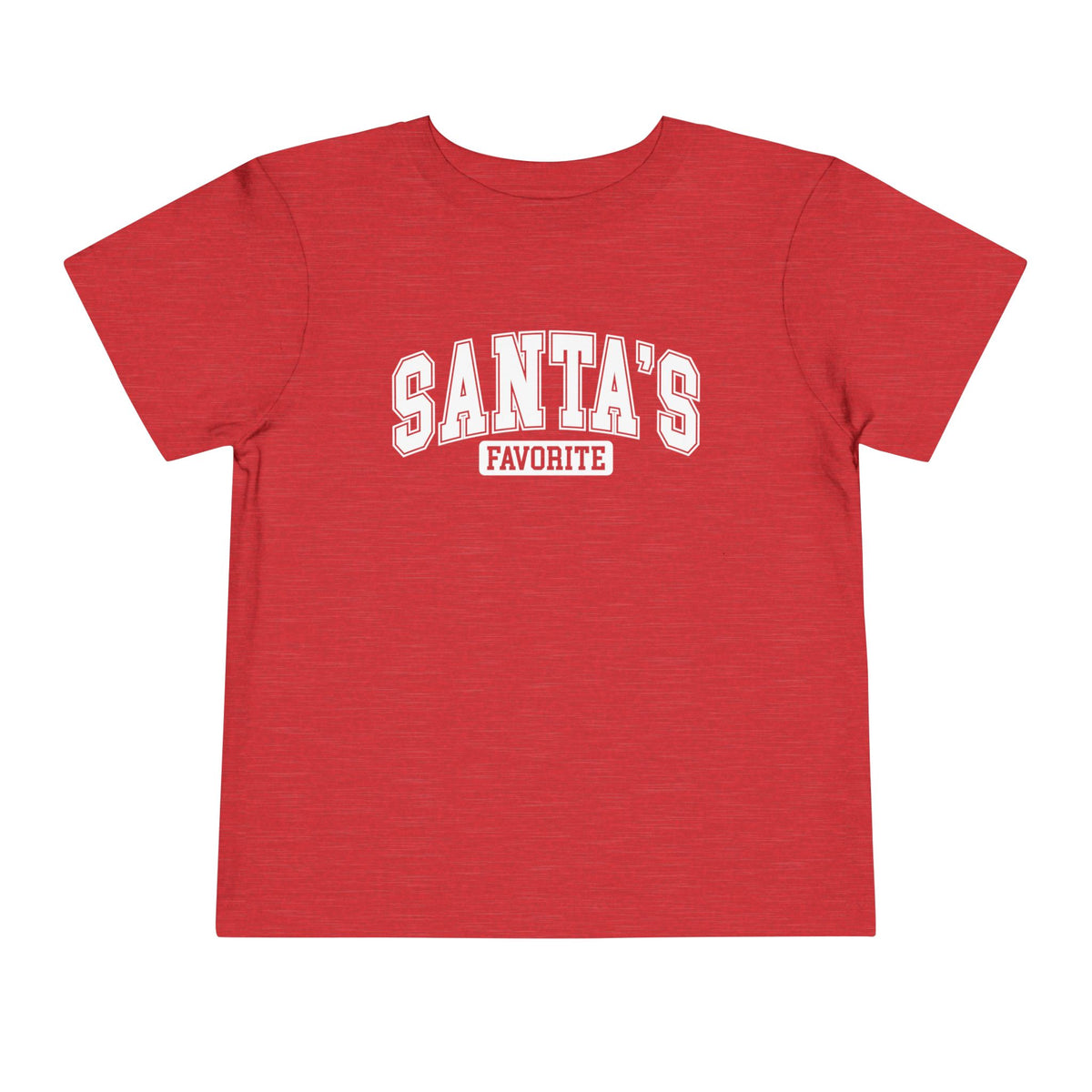 Heather Red Santa's Favorite toddler t-shirt with varsity letters, front view