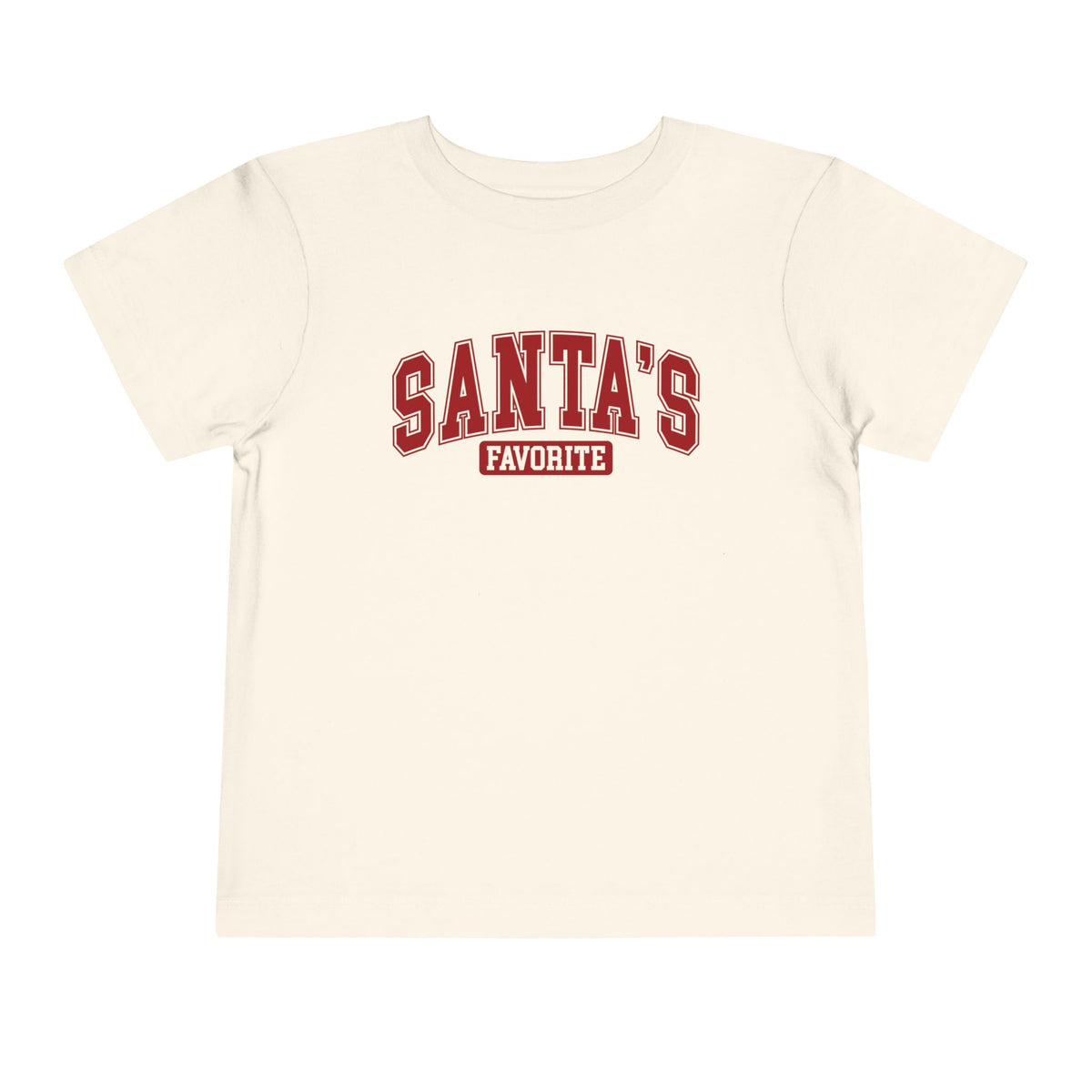 Natural Santa's Favorite toddler t-shirt with varsity letters, front view