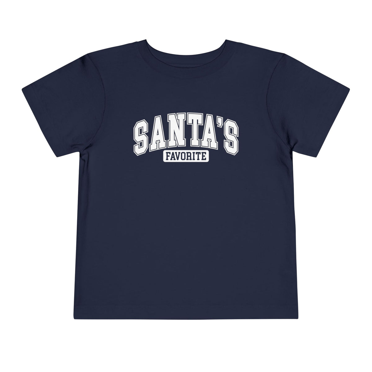 Navy Santa's Favorite toddler t-shirt with varsity letters, front view