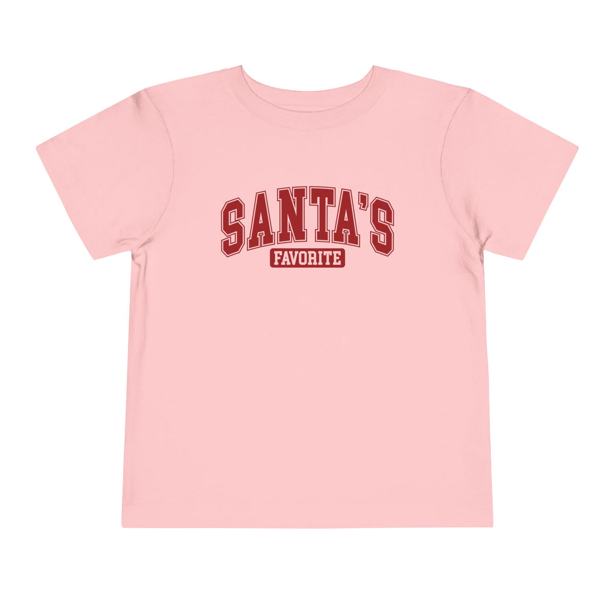 Pink Santa's Favorite toddler t-shirt with varsity letters, front view