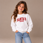 Girl wearing the White Santa's Favorite Varsity Christmas Youth Sweatshirt