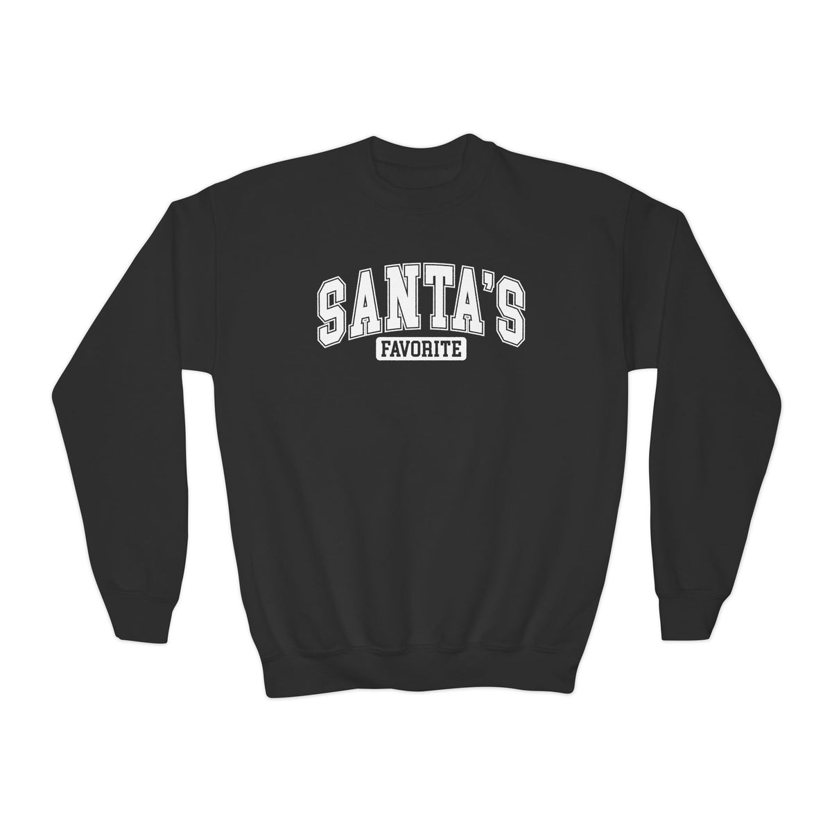 Black Santa's Favorite youth sweatshirt with varsity letters, front view