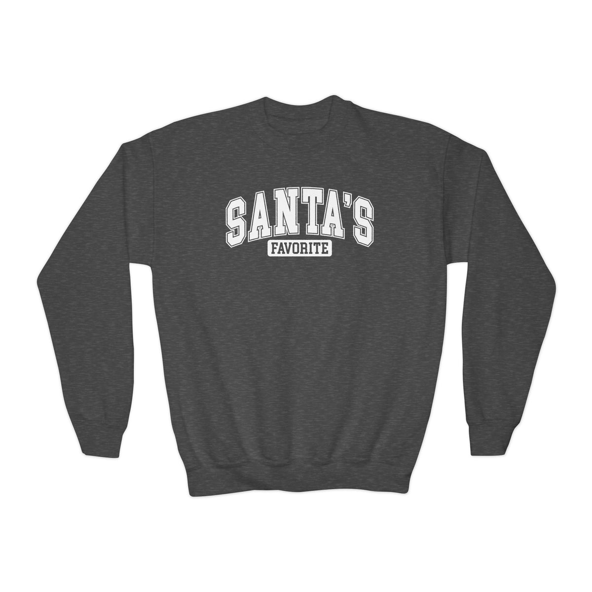 Dark Heather Santa's Favorite youth sweatshirt with varsity letters, front view