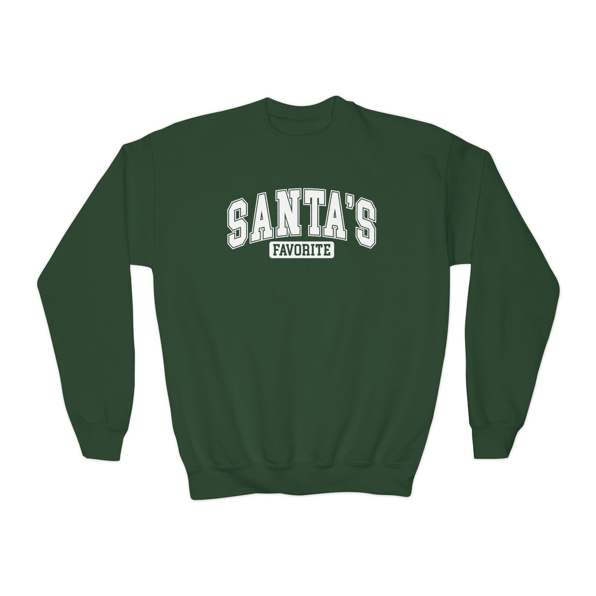 Forest Green Santa's Favorite youth sweatshirt with varsity letters, front view