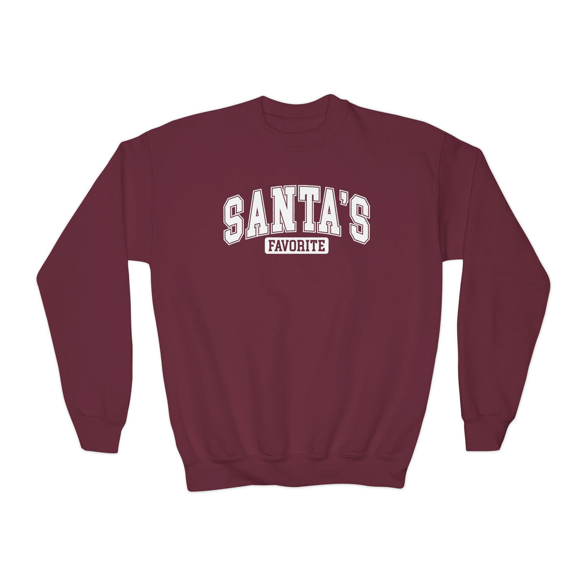 Maroon Santa's Favorite youth sweatshirt with varsity letters, front view