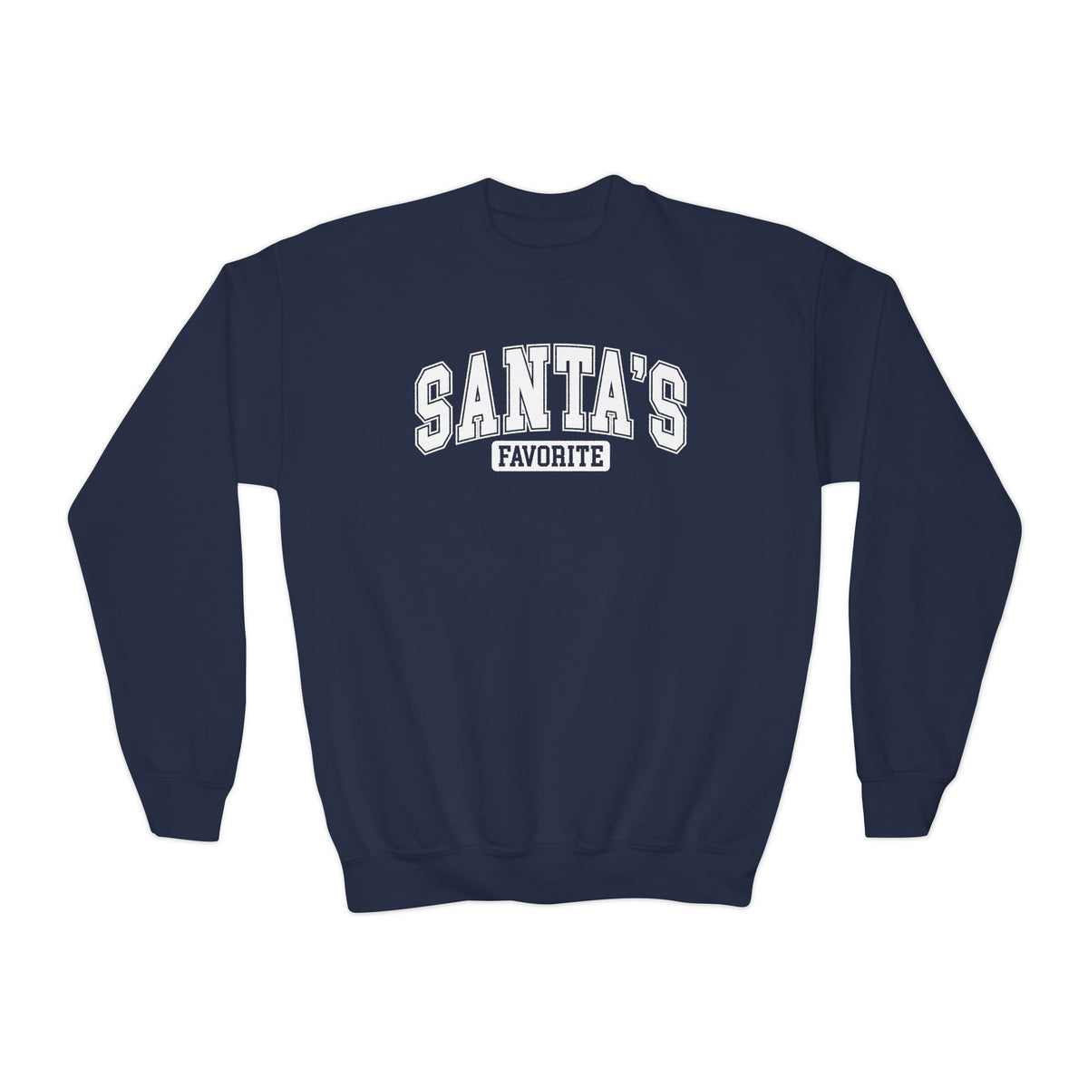 Navy Santa's Favorite youth sweatshirt with varsity letters, front view