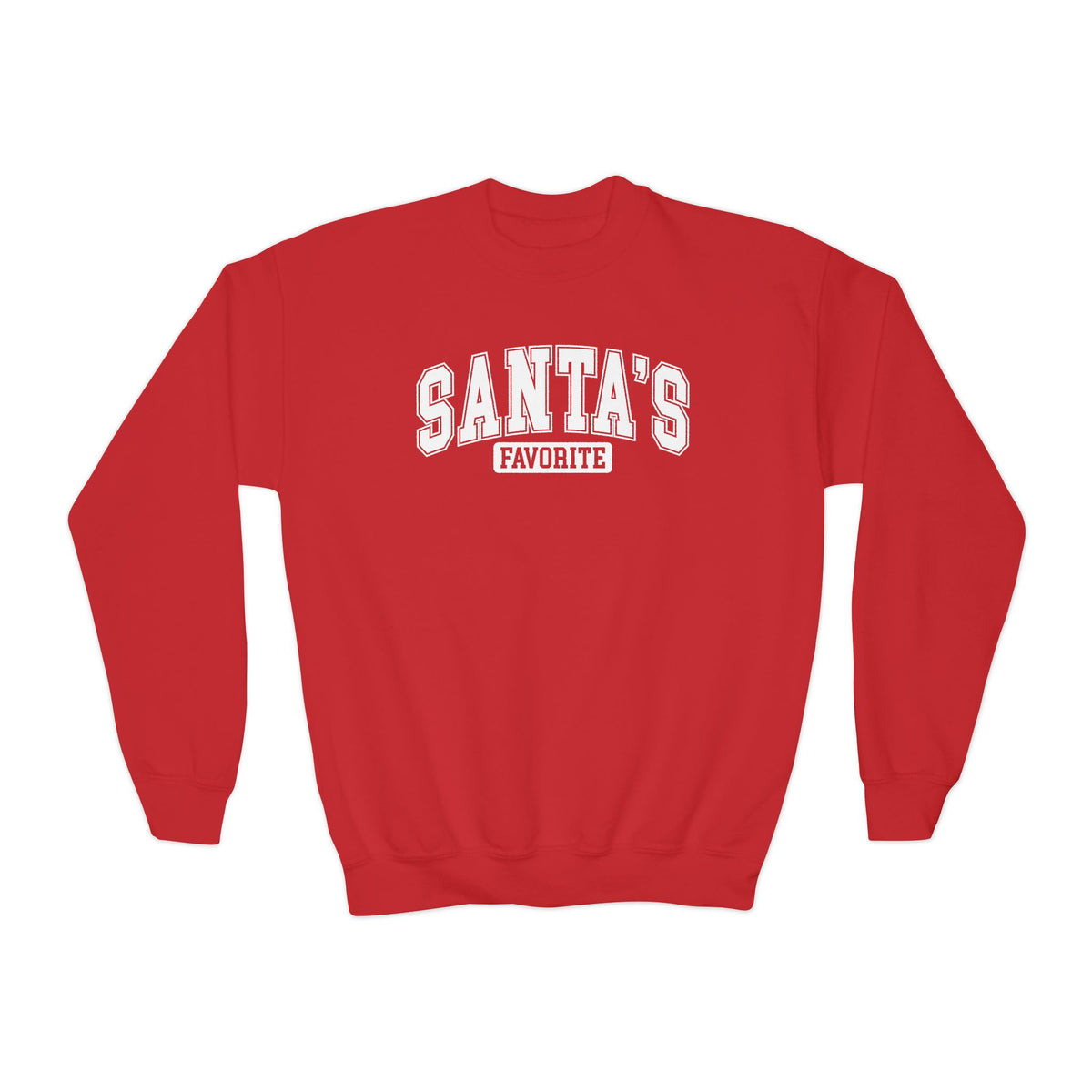 Red Santa's Favorite youth sweatshirt with varsity letters, front view
