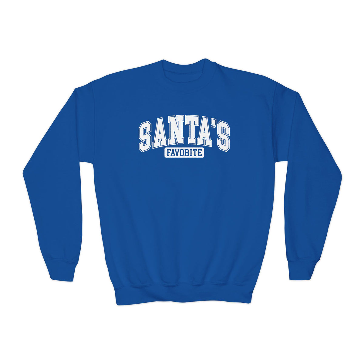 Royal Santa's Favorite youth sweatshirt with varsity letters, front view