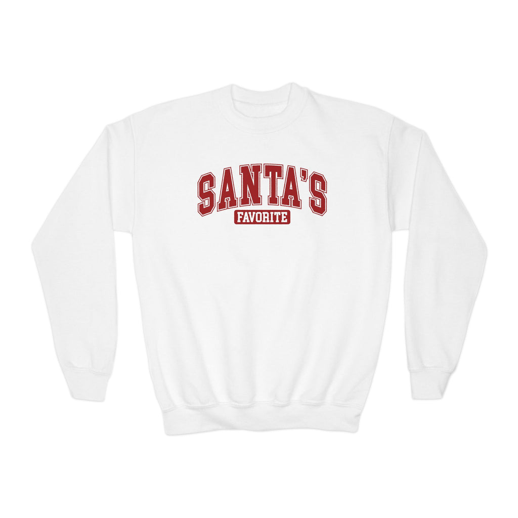 White Santa's Favorite youth sweatshirt with varsity letters, front view