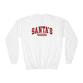 White Santa's Favorite youth sweatshirt with varsity letters, front view