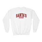 White Santa's Favorite youth sweatshirt with varsity letters, front view
