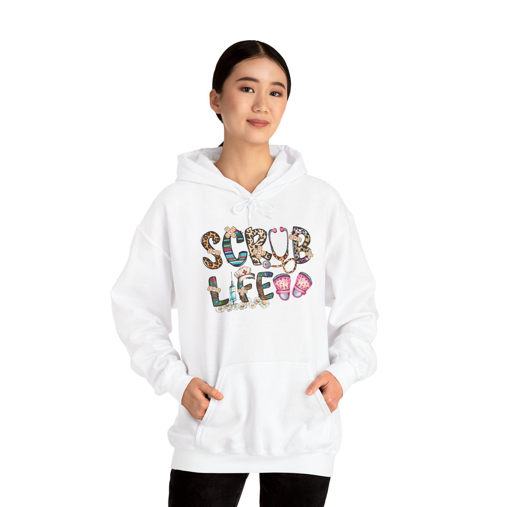Model wearing the white Scrub Life Nurse Hoodie