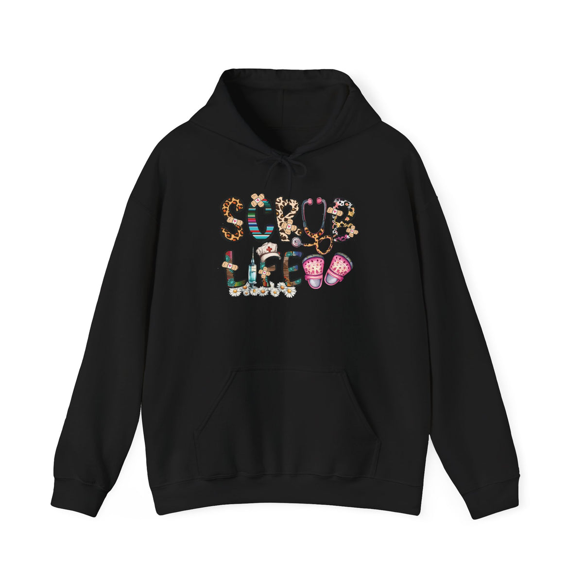 Black Scrub Life nurse hoodie with patterned lettering, stethoscope and clogs