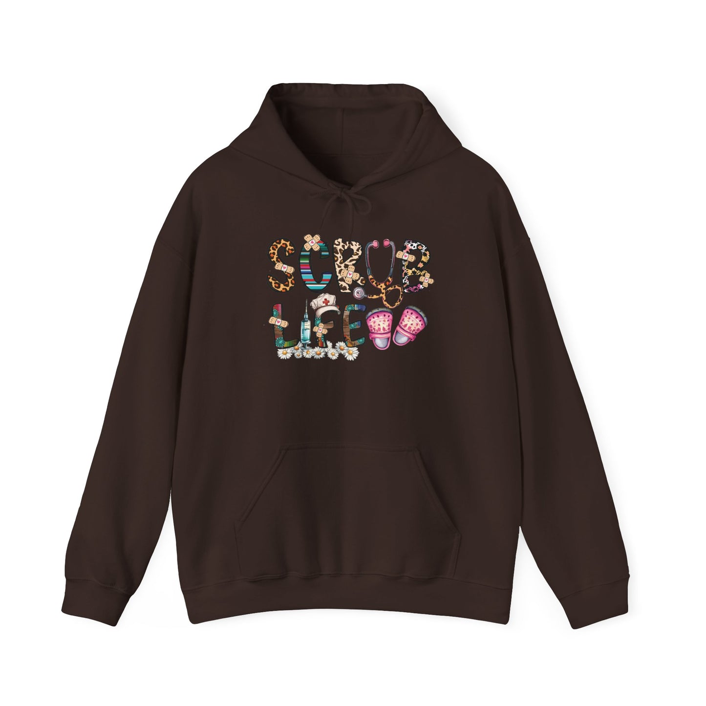 Dark chocolate Scrub Life nurse hoodie with patterned lettering, stethoscope and clogs