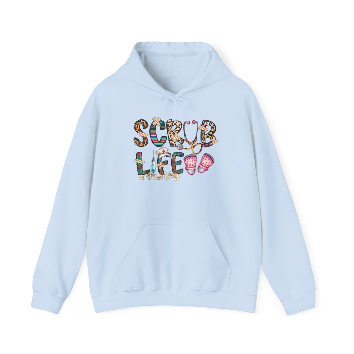 Light blue Scrub Life nurse hoodie with patterned lettering, stethoscope and clogs