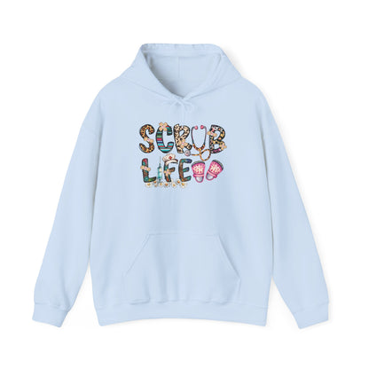 Light blue Scrub Life nurse hoodie with patterned lettering, stethoscope and clogs