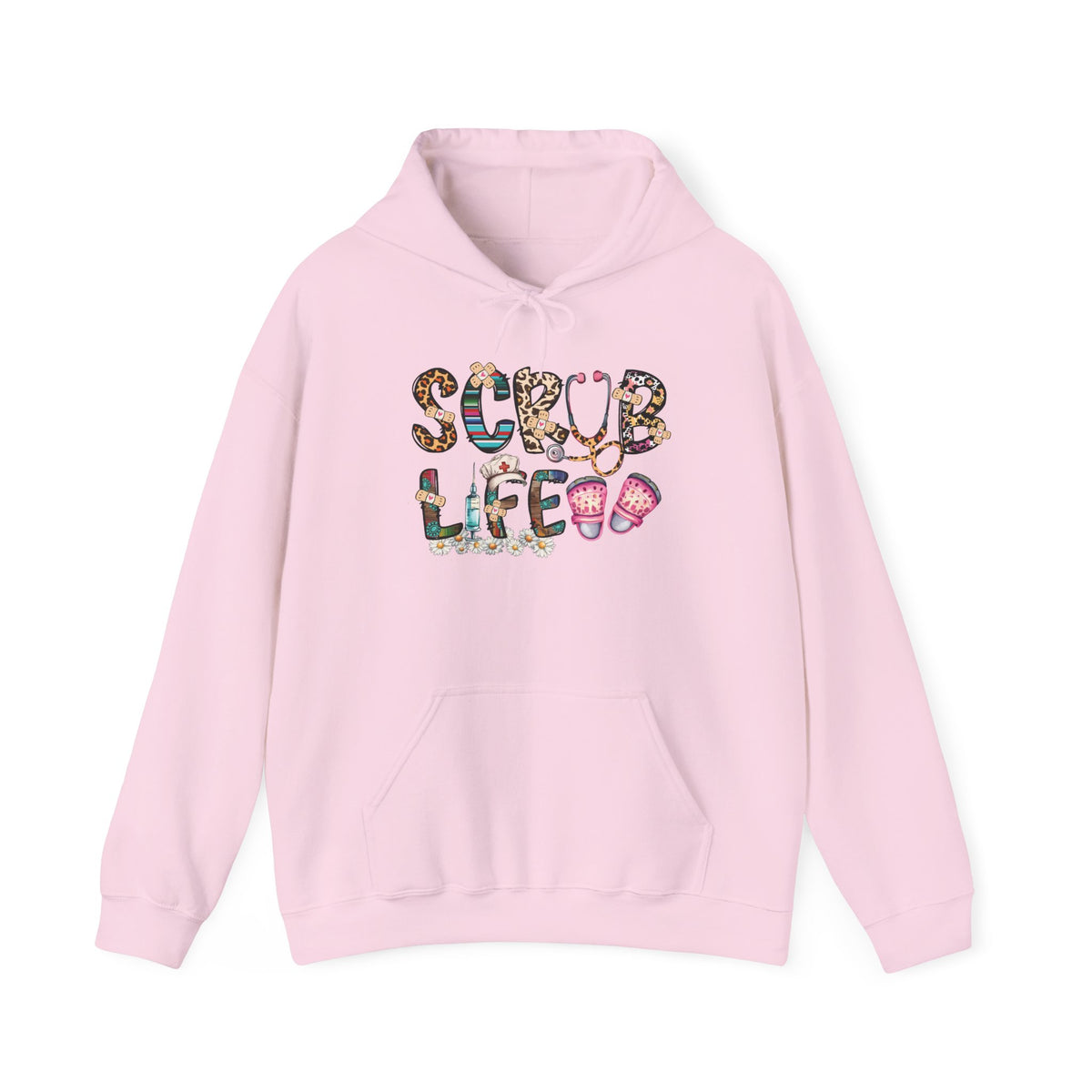 Light pink Scrub Life nurse hoodie with patterned lettering, stethoscope and clogs