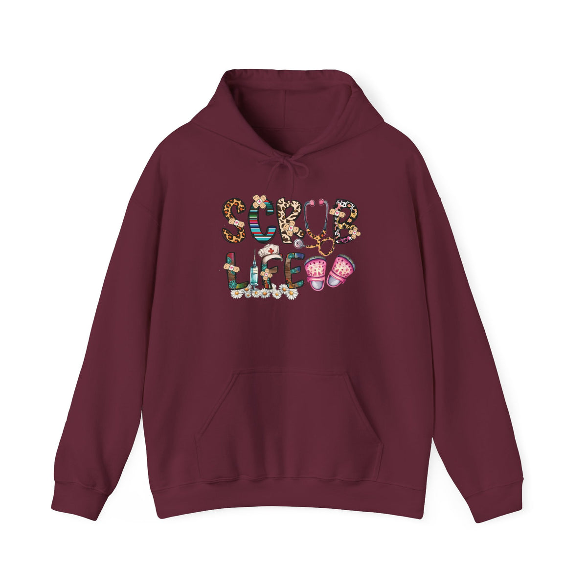 Maroon Scrub Life nurse hoodie with patterned lettering, stethoscope and clogs