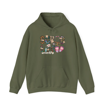 Military green Scrub Life nurse hoodie with patterned lettering, stethoscope and clogs