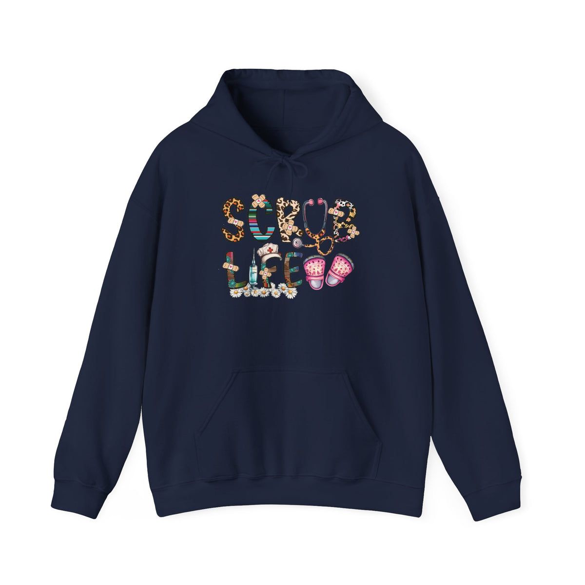 Navy Scrub Life nurse hoodie with patterned lettering, stethoscope and clogs