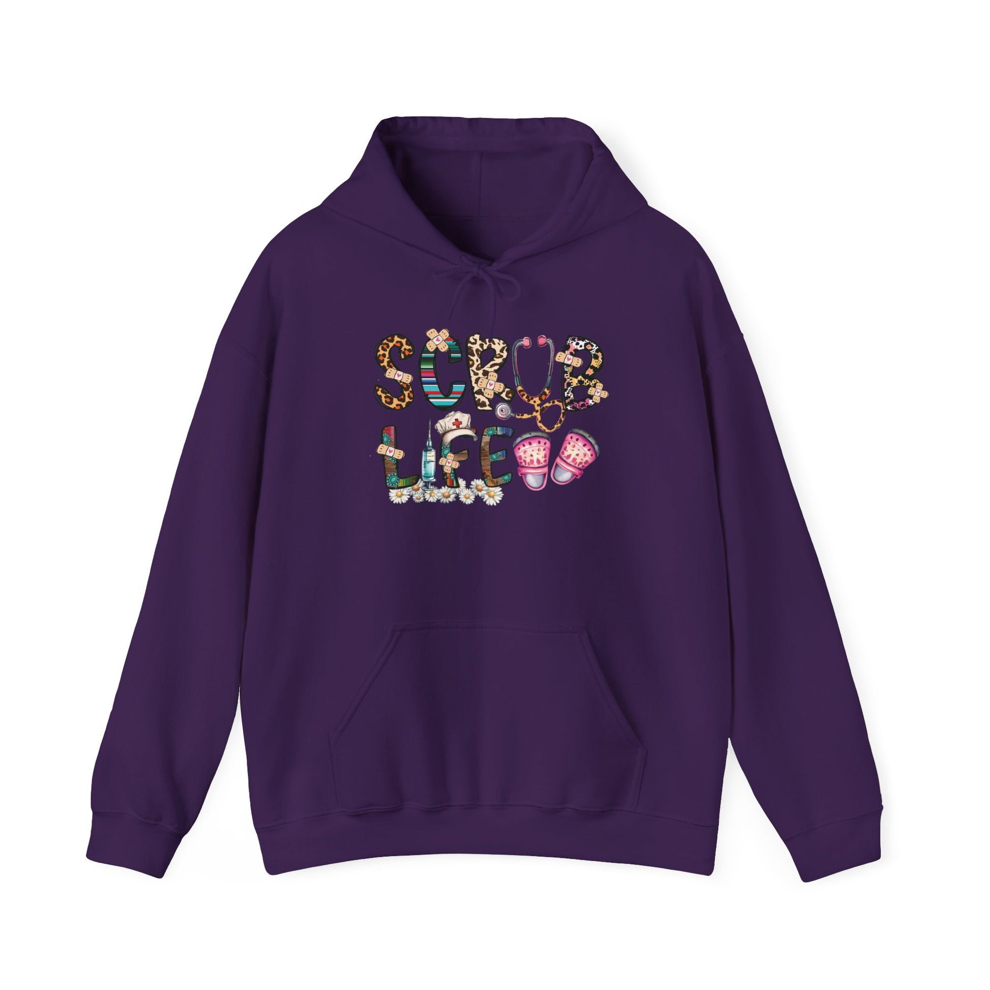 Purple Scrub Life nurse hoodie with patterned lettering, stethoscope and clogs